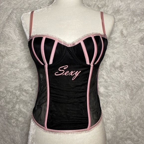 Vintage Victoria’s Secret sheer SEXY black and pink corset top - Picture 1 of 4